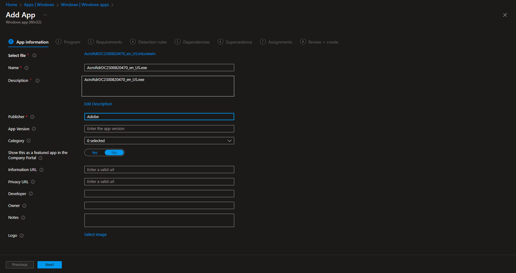 Uploading IntuneWin file in Intune